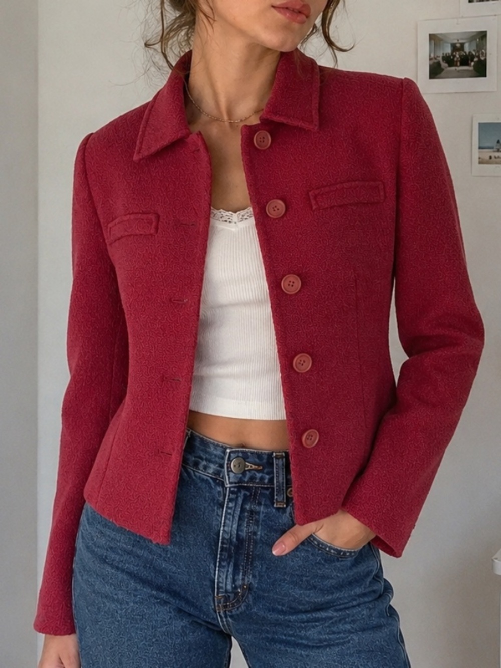 Vintage Ann Taylor Red 100% Wool Textured Cropped Jacket Blazer 8